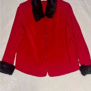 Amanda Smith Red Skirt Suit with Removable Black Faux Fur Trim